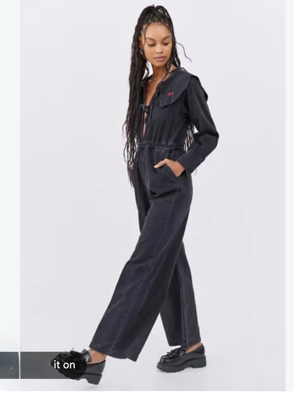 Damson Madder Black Sailor-Collar Denim Jumpsuit